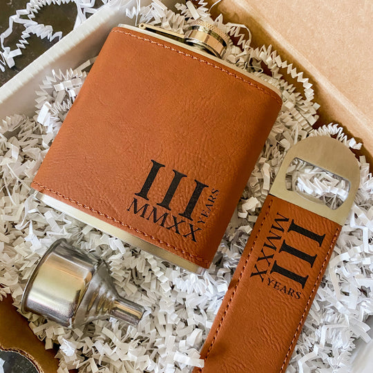 3rd Anniversary Roman Numerals Flask and Beer Bottle Opener Gift Set